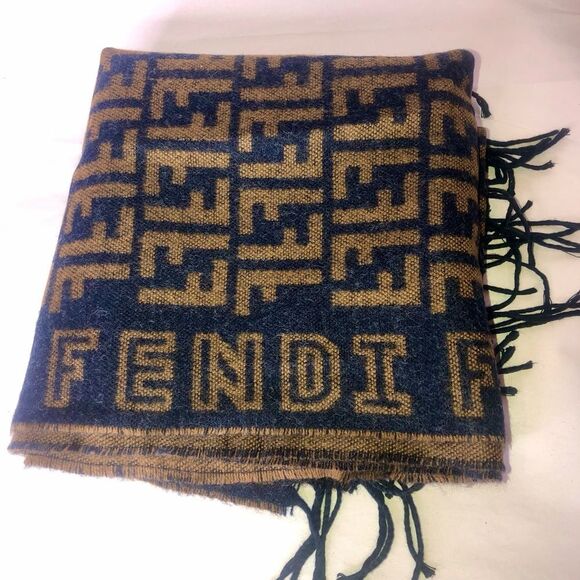 FENDI Navy Blue Tan Wool Silk Scarf with Decorative Tassels NWOT - Picture 3 of 11